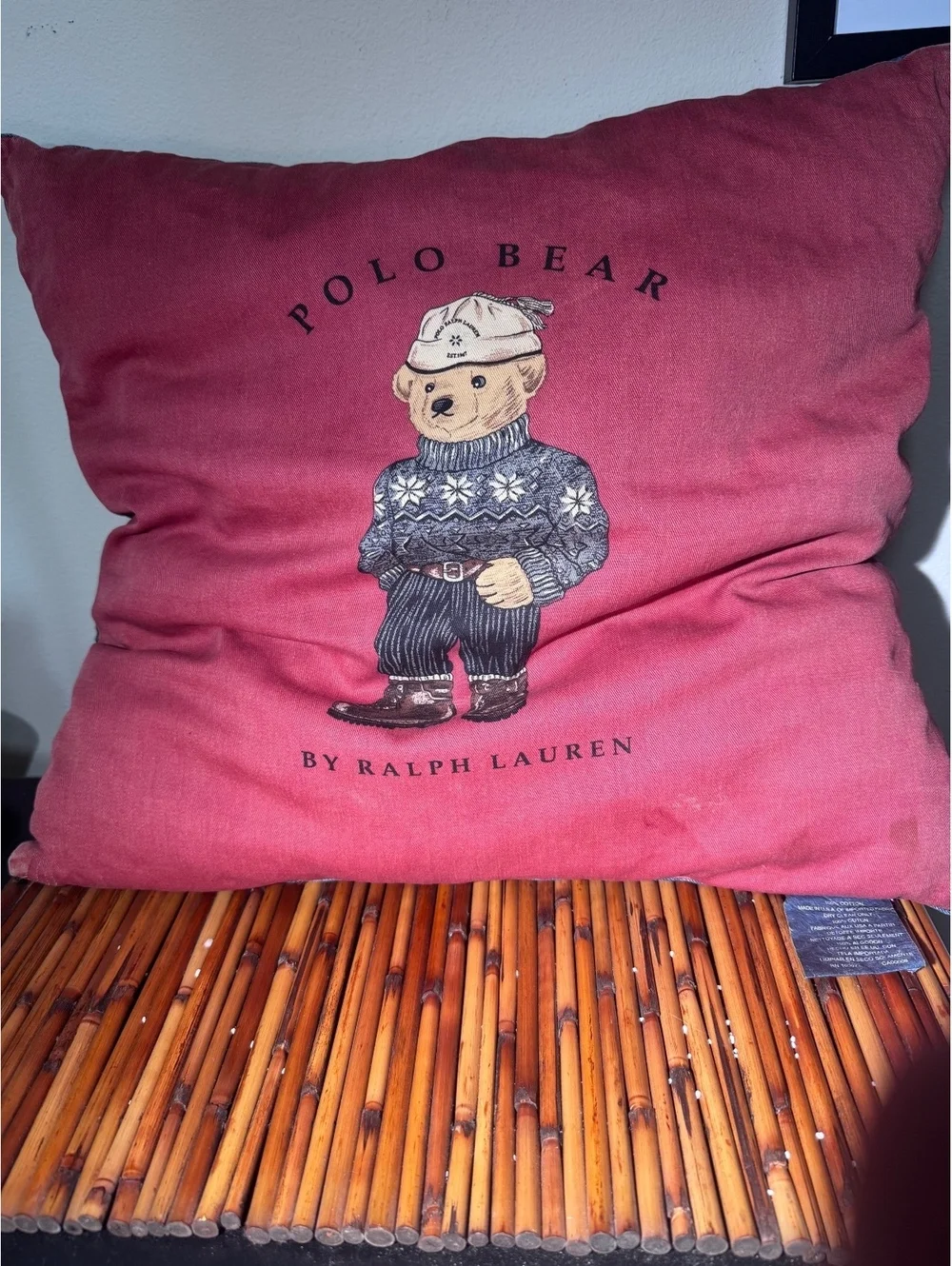 Ralph Lauren Polo Bear Throw Pillow Red Denim Cotton Decorative Accent Cushion